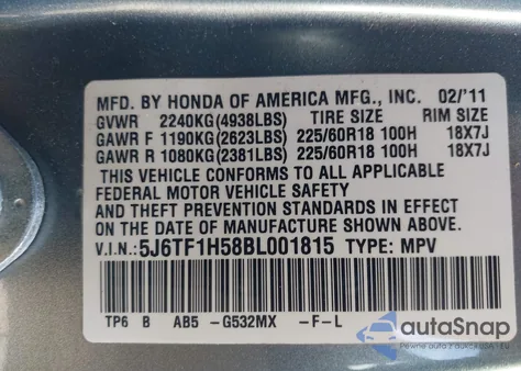 2011 Honda Accord Crosstour Ex-L z USA, uszkodzony, nr VIN 5J6TF1H58BL001815